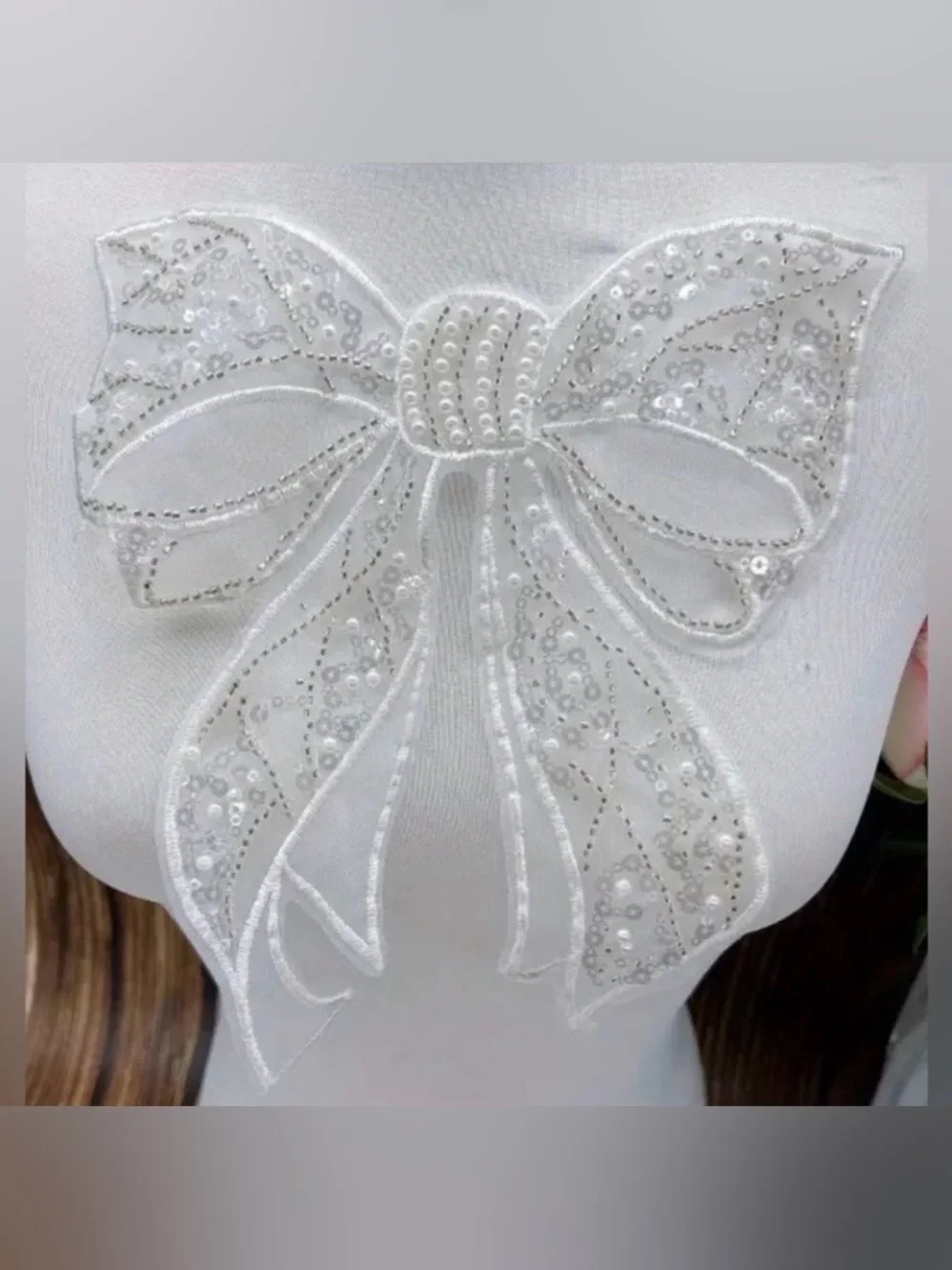 White Pearls Sequins Appliqué Bow, Craft & Clothing Embellishment, New